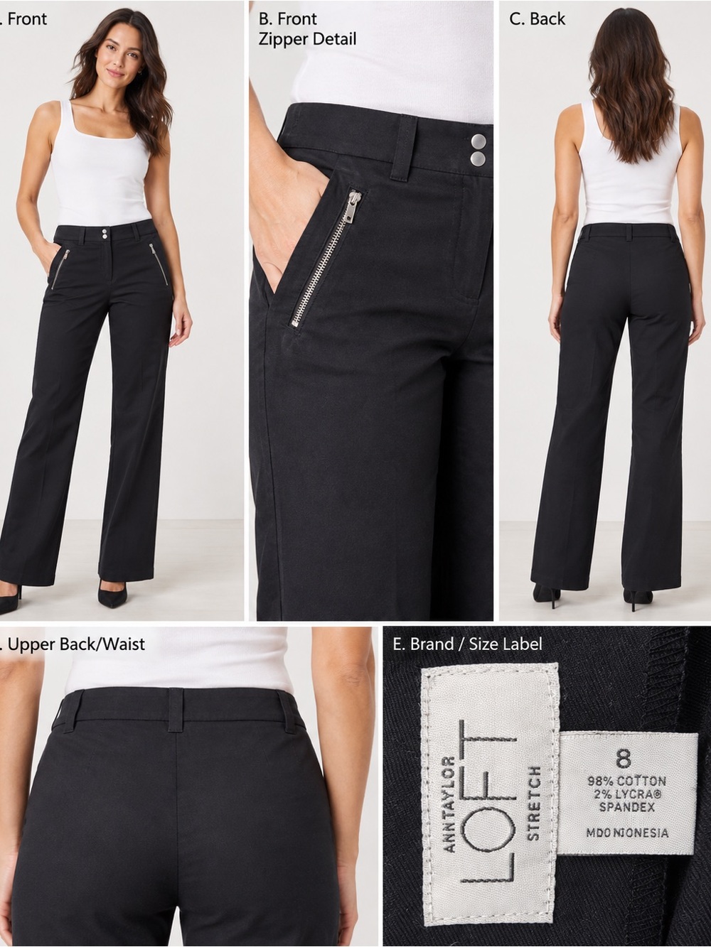 LOFT Black Wide-Leg Stretch Pants with Zip Pocket Details